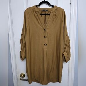 Zara | Women's | Tunic Shirt Dress Rouched Long-Sleeve V-Neck | Tan | Large